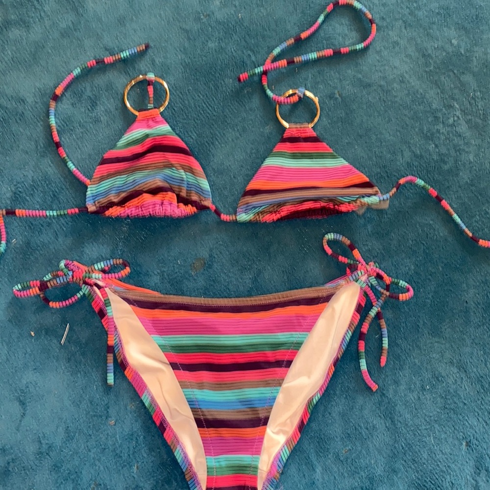Victoria secret medium striped bikini with ruched bottoms